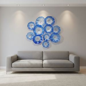 Décorations murales modernes en verre de Murano bleu et blanc, mosaïque murale suspendue, assiettes murales suspendues - Product Image 2