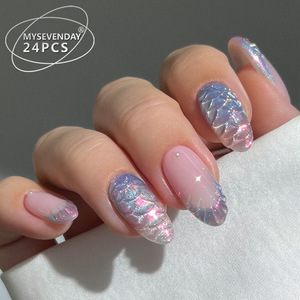 Uñas Postizas de 24 Piezas, Color Rosa y Azul Degradado, con Perlas 3D en Relieve, Diseño de Ondas, Estilo Francés, con Herramientas - Product Image 1