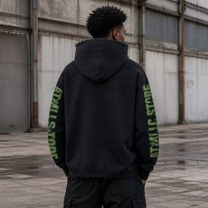 Sweat à capuche zippé pour homme, style hip-hop, effet usé et déchiré, avec logo personnalisé, streetwear vintage, coupe ample et oversize, épais et lourd - Product Image 4