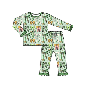 Baby Girls Green Bow Print Long Sleeve Pajama <b>clothes</b> set - Product Image 6