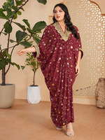 Caftan floral or bourgogne de l'Aïd, vêtements islamiques modestes ornés de grande taille pour les événements festifs saoudiens de Dubaï