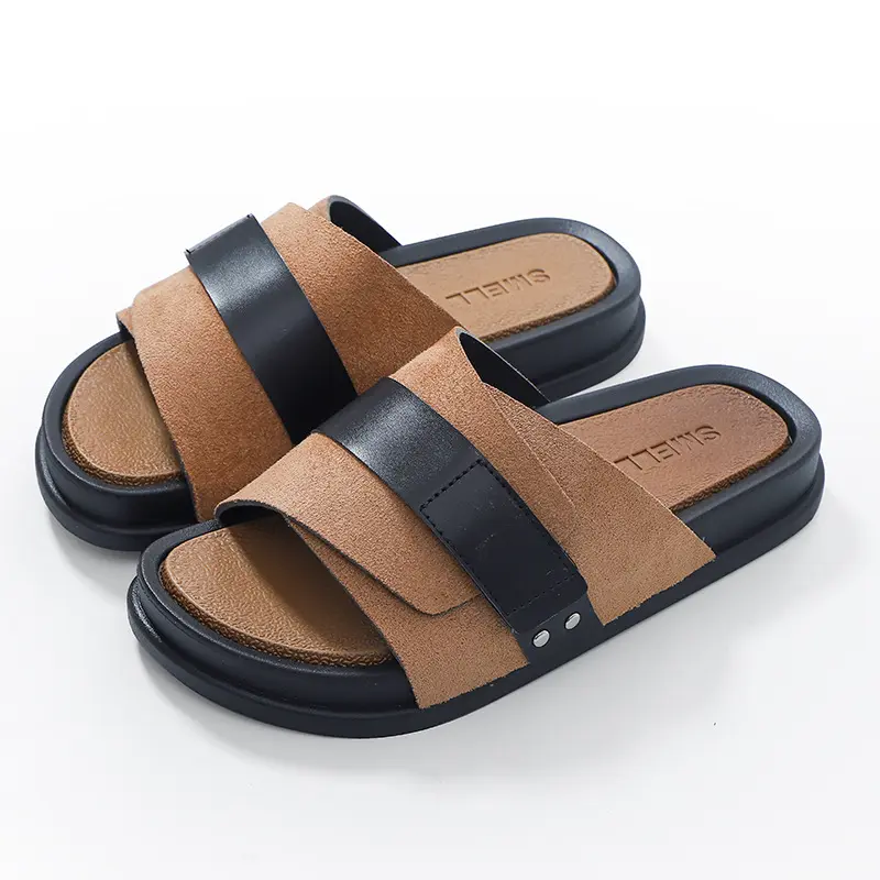 2024 nuevas zapatillas de verano para hombre, zapatillas informales de suela gruesa de cuero esmerilado Eva, sandalias de negocios de una línea para hombre