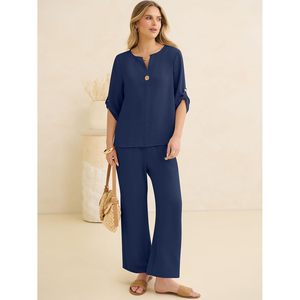 Womens Summer <b>2</b> <b>Piece</b> Lounge <b>Set</b> 3/4 Sleeve V Neck Top Wide Leg Palazzo Pants Breathable Casual Beach Travel Outfits - Product Image 6