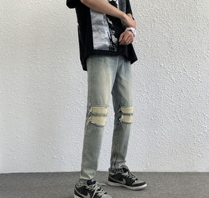 工厂新款撕裂彭特风格库存送货男士复古宽松直拉链袖口自行车手紧身牛仔裤 - Product Image 2