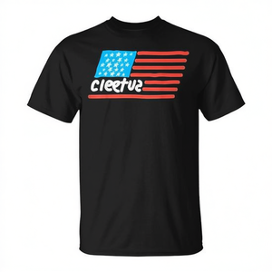 T-shirt Cleetus noir avec motif drapeau américain, unisexe, col rond, manches courtes, promotionnel - Product Image 2