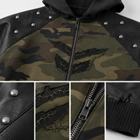Blouson Bomber Homme Personnalisé en Cuir PU avec Panneaux Camouflage et Clous, Veste en Cuir Végétalien, OEM ODM, Vente en Gros, Logo Personnalisé, Vêtements d'extérieur