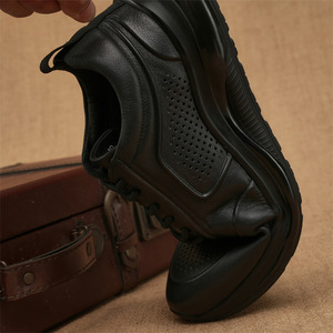 Chaussures décontractées pour hommes en cuir véritable, bout rond, respirantes, à lacets, semelle extérieure en caoutchouc, toutes saisons, noires - Product Image 3
