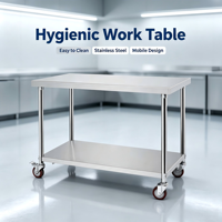 Table de préparation de cuisine de restaurant à 2 niveaux, mobile, en acier inoxydable 304, avec revêtement anti-graffiti, 4 roulettes, capacité de 300 kg par mètre