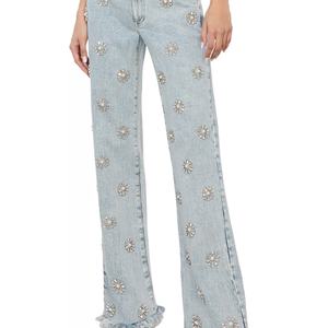 Jeans de mezclilla personalizados OEM con pedrería para mujer, pantalones anchos y holgados, jeans rectos de cintura alta para mujer - Product Image 2