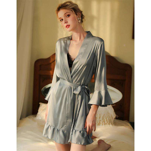 <span class=keywords><strong>Chemise</strong></span> <span class=keywords><strong>de</strong></span> <span class=keywords><strong>nuit</strong></span> d'été en satin pour <span class=keywords><strong>femme</strong></span>, sexy, en dentelle, respirante, à manches longues, col à nœud, taille élastique, fermeture élégante à volants - Product Image 4