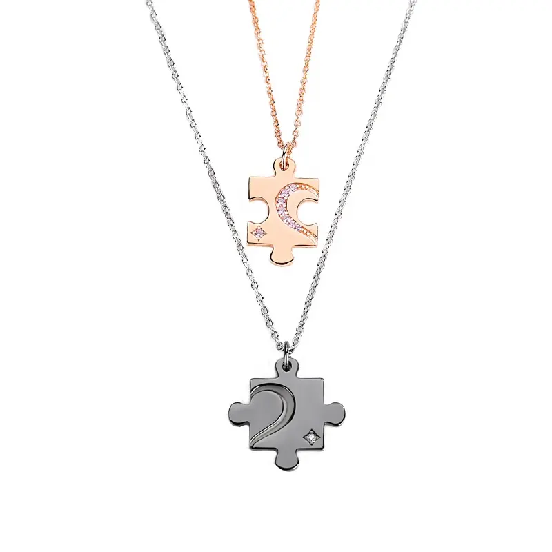 Unique Puzzle Leather Wholesale Women Men 925 Sterling Silver Couple Heart Jewelry Necklaces