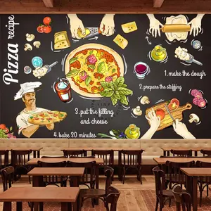 ورق حائط ثلاثي الأبعاد للمطعم والبيتزا مرسومة يدويًا لتزيين الطعام ، ورق حائط للمطعم الغربي الإيطالي