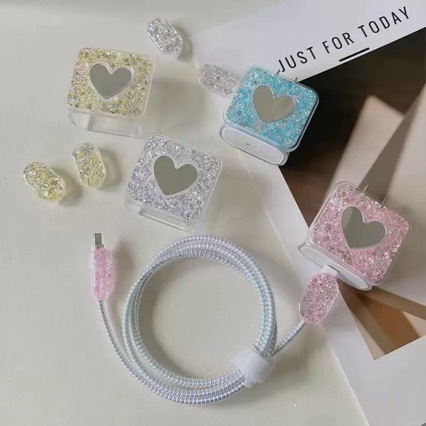 Beautiful Shiny Glitter Silicone Protective Case for IPhone 20W Charger Mobile Phone Data Cable Anti-break Protector Set