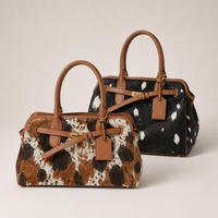 Tas Selempang Kulit Sapi Asli Motif Bulu Sapi, Model Boston Satchel, Gaya Barat untuk Wanita Kasual