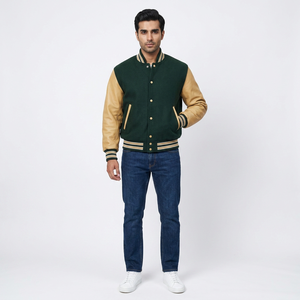 แจ็กเก็ตหนังสำหรับผู้ชาย, แจ็คเก็ตเบสบอลหนังแท้มีฮู้ดปกคอเสื้อ - Product Image 1