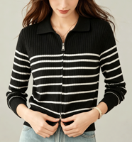 Cardigan zippé en tricot rayé pour femme, col polo côtelé, manches longues, coupe ajustée, pull extérieur