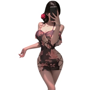 Belebendes, verziertes Rosenmuster-Bodycon-Kleid, strahlendes florales Mesh-Kleid, verführerisches transparentes Dessous-Set mit Trägern - Product Image 1