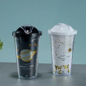 Double Walled Plastic Straw Cup With Planet Pattern Push Top Lid Student Water Bottle Two Piece Set Black And White - Product Image 1