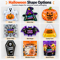 Sac en plastique refermable de qualité alimentaire pour Halloween, avec logo imprimé UV personnalisé, sac en Mylar découpé, pour bonbons, biscuits, lait holographique