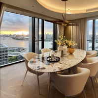 Table à manger en marbre Pandora poli de haute qualité, forme ovale spéciale, table de restaurant de luxe pour projet d'aménagement intérieur haut de gamme