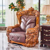 Ensemble de canapés en cuir sculpté en bois massif de style européen et nouveau style chinois pour grandes villas, mobilier de salon six places