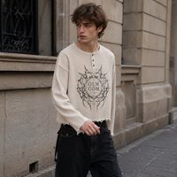 Sweat-shirt à étiquette privée pour homme, en coton gaufré beige, avec patte de boutonnage, imprimé graphique, ourlet brut, coupe courte
