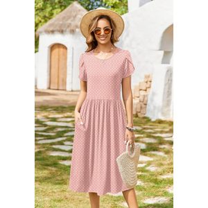 Womens Summer Aline Midi <b>Dress</b> Short Sleeve Polka Dot Print Flowy Casual <b>Dress</b> With Pockets O Neck <b>Elastic</b> Waist Breathable - Product Image 3