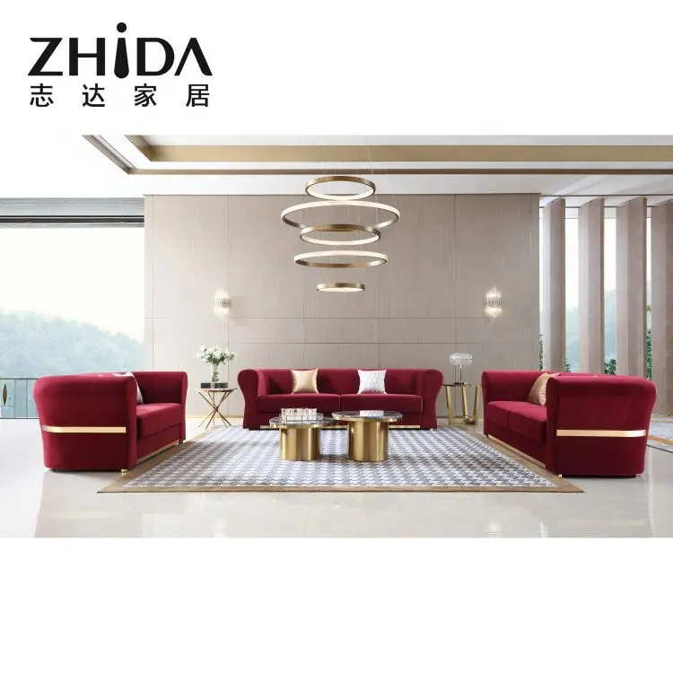 Foshan factory custom new fashion design home furniture luxury red velvet couch living room sofa furniture for hotel
