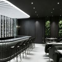 Ensemble de mobilier de restaurant moderne avec tables à manger, chaises et comptoir de bar pour la conception d'intérieur de café commercial, solution complète pour la boutique