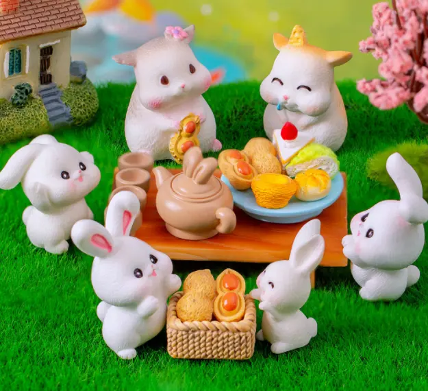 Mini Ostern Dekoration Handwerk für Souvenir Garten Tier Figur Spielzeug Kaninchen Miniatur Hamster Teekanne Tasse Ei Torte Kuchen Erdnuss