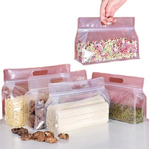 Sacs Doypack en plastique avec fermeture éclair, refermables, recyclables, pour stockage alimentaire, en matériau stratifié LDPE/HDPE, avec poignée rose, pour produits secs - Product Image 1