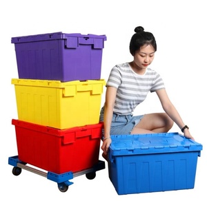Heavy duty stackable removal packing nestable attached lid plastic storage crates
