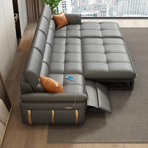 <span class=keywords><strong>Canapé</strong></span>-lit sectionnel moderne en cuir trois places avec chaise longue, design en L, cadre en bois, repose-pieds à mouvement coulissant et télécommande - Product Image 4