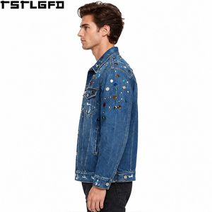 Veste en jean trucker délavée et vieillie personnalisée pour homme, bleue, avec strass colorés, vente en gros - Product Image 5