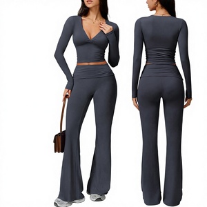 Top a Maniche Lunghe Elegante da Donna per Yoga, Nuova Moda Transfrontaliera, Pantaloni Fitness a Vita Elastica Tinta Unita, Asciugatura Rapida per Pilates - Product Image 1