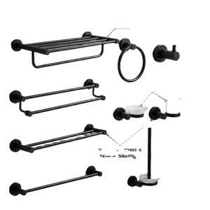 Ensemble de porte-serviettes mural moderne en acier inoxydable noir pour salle de bain, avec étagère de rangement, barres et anneaux porte-serviettes, design peu encombrant - Product Image 1