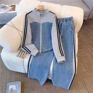 Conjunto de 2 Piezas de Ropa para Mujer, Otoño, Elegante, Tejido, Patchwork, Denim Regular, Top Largo con Cuello en V y Pantalones, Venta al Por Mayor, Sostenible, Transpirable - Product Image 5