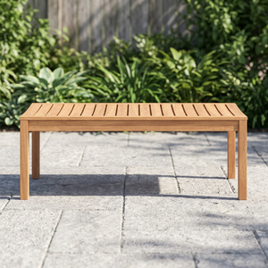 Banc de jardin moderne minimaliste en teck sans dossier, table de patio en bois avec plateau à lattes et structure en bois - Product Image 2