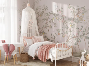 Murale Calmante per Cameretta in Stile Pastello, Foresta Acquerellata con Uccelli e Gru, Decorazione Murale per Camere dei Bambini e Sale Giochi, Facile da Installare - Product Image 3