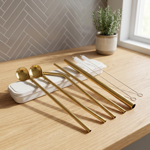 Ensemble de 5 pailles réutilisables en métal doré avec cuillère et nettoyeur, accessoires minimalistes pour bar à cocktails - Product Image 2