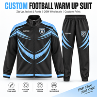 Ensemble de survêtement de football personnalisé, veste zippée et pantalon, noir et bleu, tenue d'équipe de club, impression de logo personnalisé, OEM, vente en gros, faible MOQ