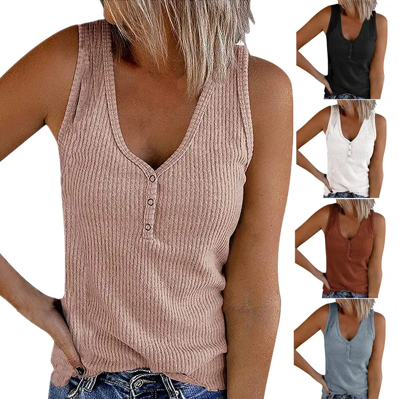 2021 venta al por mayor, último diseño Simple de las mujeres botón Chaleco de Color sólido de cuello en V sin mangas dama Casual camiseta Top