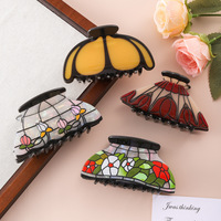 Accessoires pour cheveux pour femmes, style vintage français, peinture à la bombe, rose, tulipe, fleur, papillon, style peinture à l'huile, grandes pinces à cheveux en PVC