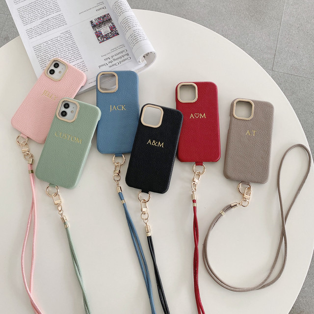 PU Leather Phone Strap case Shoulder Strap Foil Gold Bronzing Letter for iPhone 15 14Pro 12 13 XS Max 15Plus Phone Cover