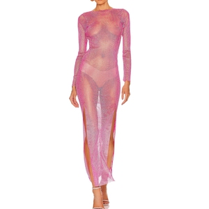 Sexy da donna a maglia diamantata trasparente abiti scintillanti di strass di lusso impreziositi Maxi abito trasparente in rosa di fabbrica OEM - Product Image 1