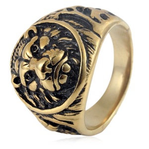 Bague pour homme en acier inoxydable Yunnique, tête de lion, or noir, design animal du zodiaque, bijoux de mode, cadeau pour toutes occasions - Product Image 1