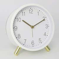 Réveil silencieux circulaire minimaliste blanc de 4 pouces avec boîtier métallique, affichage à aiguilles, fonction veilleuse, fonctionne avec piles AA, pour bureau