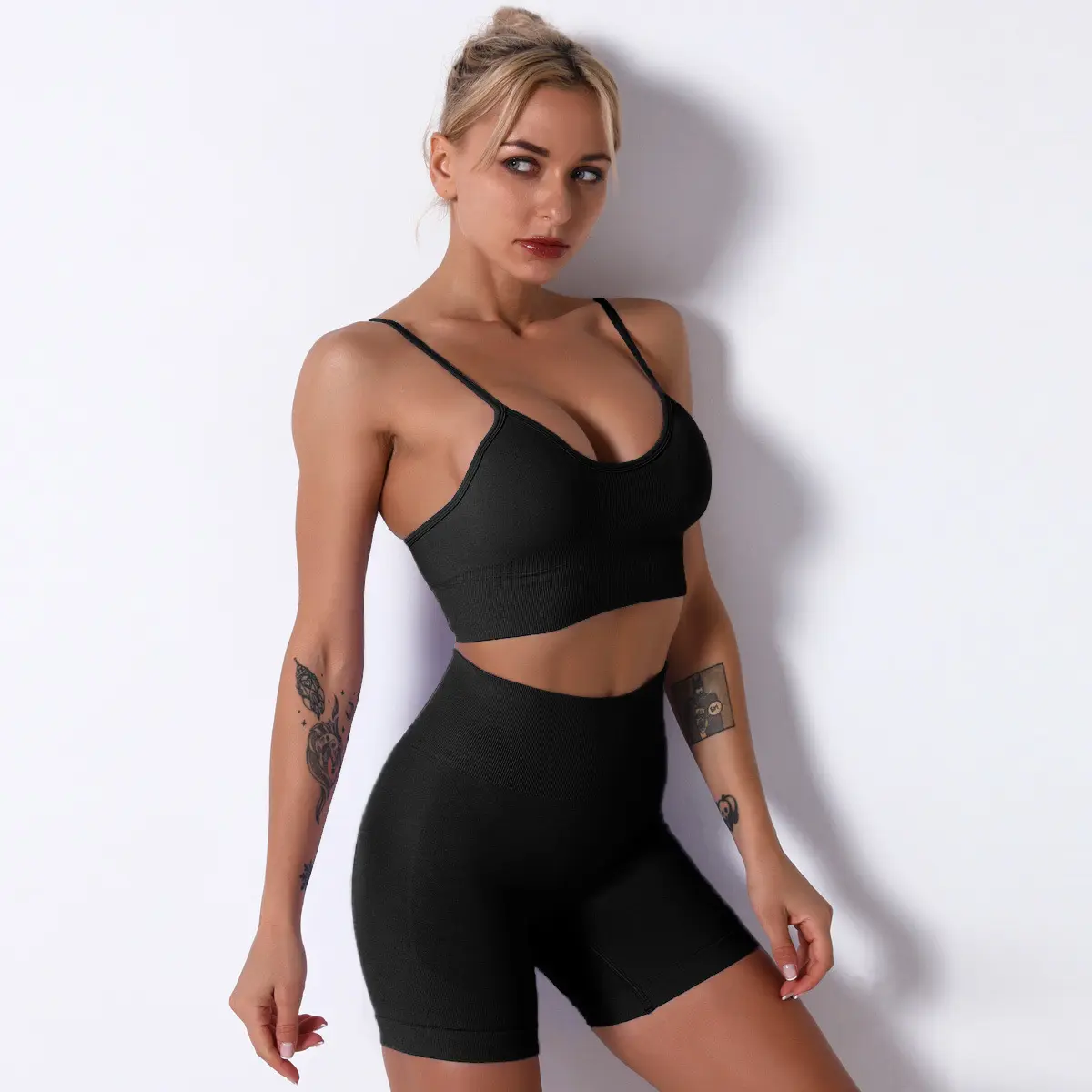 Grosir 2 Pcs Yoga pendek kebugaran pakaian pakaian mulus rami olahraga Bra Gym olahraga berlari legging Set wanita