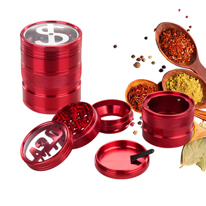 Molinillo de Hierbas Secas de Aleación de Aluminio Rojo, 5 Piezas, Estilo Moderno Redondo con Tapa Transparente y Cuchilla - Product Image 1