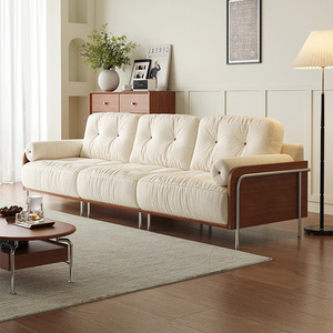 Cedar fabric chenille sofa, retro cream style straight couch with removable washable covers for small living spaces - Product Image 2